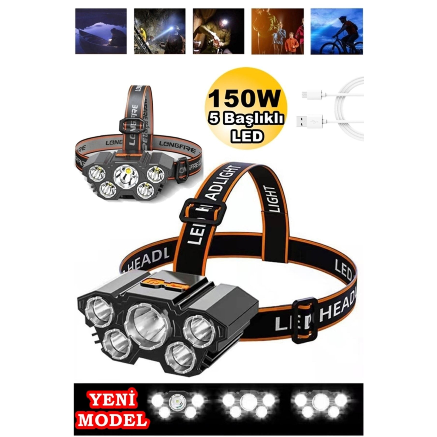 Taka Riko 150w Ultra Güçlü Led Şarjlı 5 Led 5 Cree Led Kafa Feneri Avcı Işıldak Balıkçı Kamp Lambası