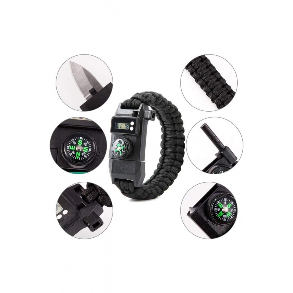 Paracord Bileklik Dijital Saat Pusula Ateş Başlatıcı