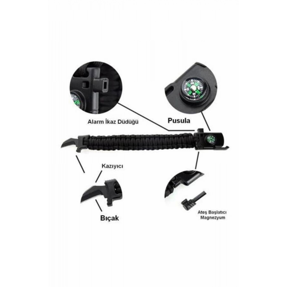Paracord Survival Ateş Başlatıcı Magnezyum Çubuğu Bıçak Pusula I?kaz Düdüklü Bileklik