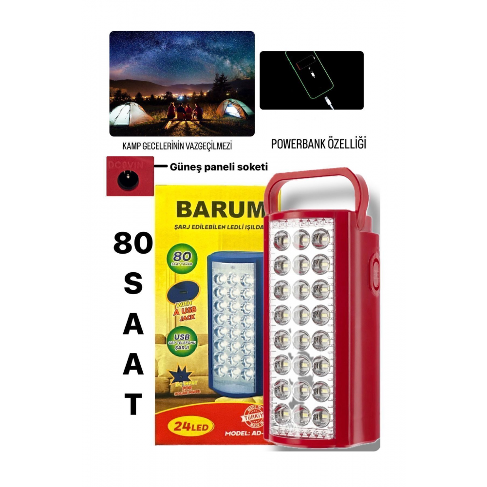 24 Ledli 80saat Yanan Şarj Edilebilir Işıldak Kamp Için Uygun Usb Telefon Şarj Özelliği