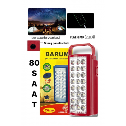 24 Ledli 80saat Yanan Şarj Edilebilir Işıldak Kamp Için Uygun Usb Telefon Şarj Özelliği