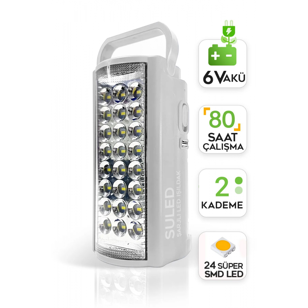 Kamp Lambası 6v Akülü 80 Saat - 3gün Aydınlatma 24 Smd Led Işıldak Lamba 220v Şarj