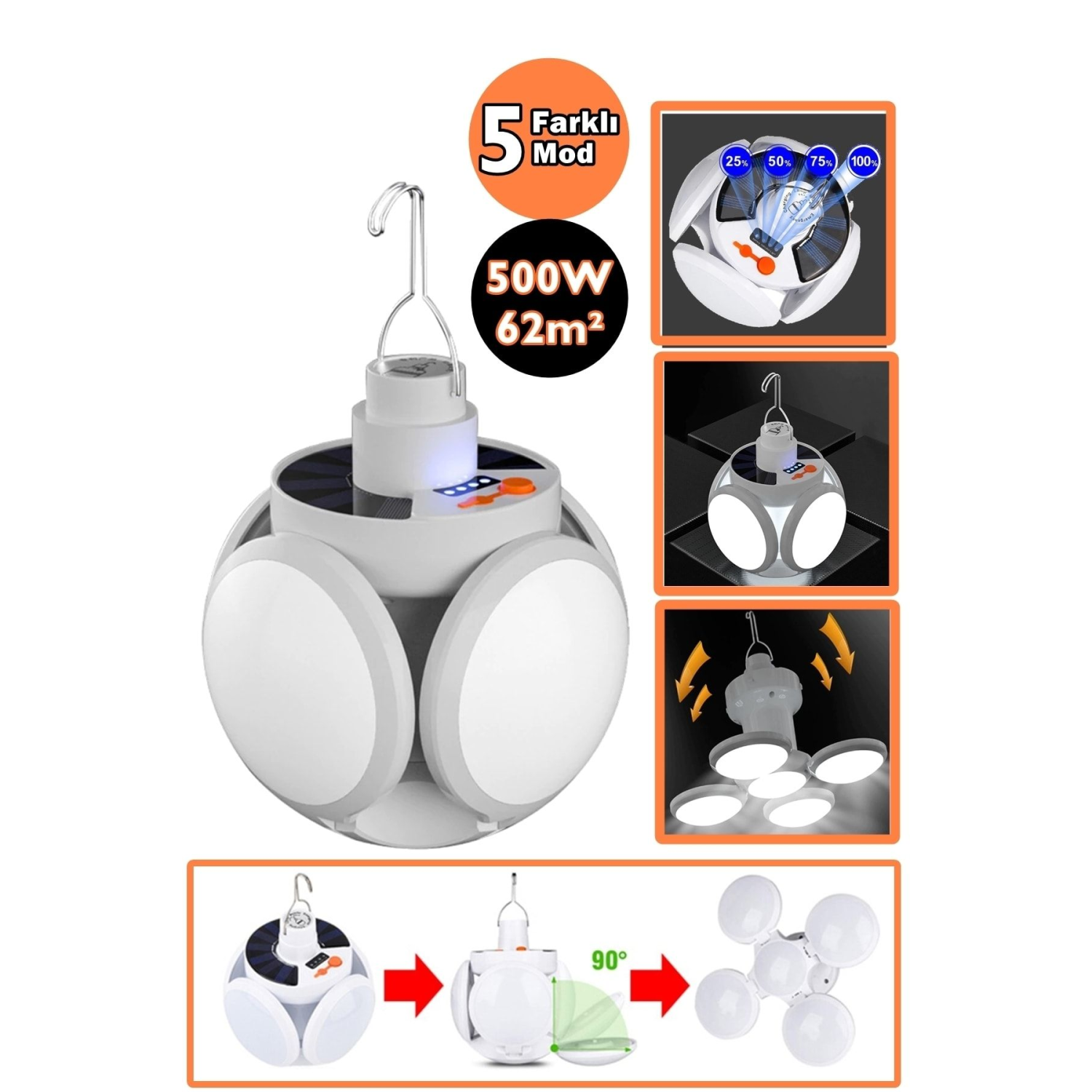 Rc-2029 Güneş Enerjili Solar Aydınlatma Kamp Çadır Lambası Şarjlı Ampül Led Şarjlı El Feneri Işıldak