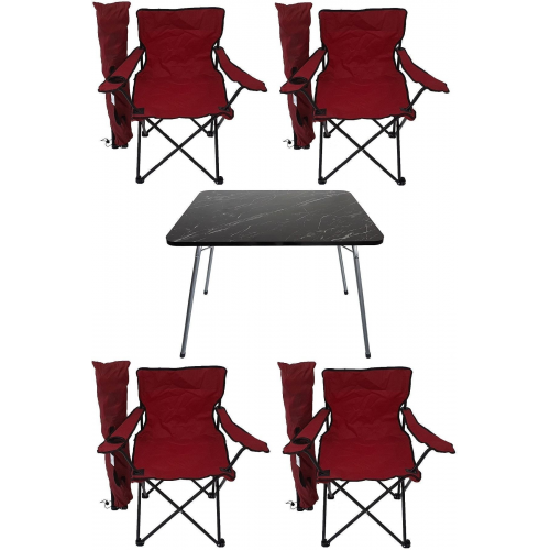 Kırmızı  Granit Katlanır Masa 4 Adet Kamp Sandalyesi Katlanır Sandalye Piknik Plaj Sandalyesi 60x80