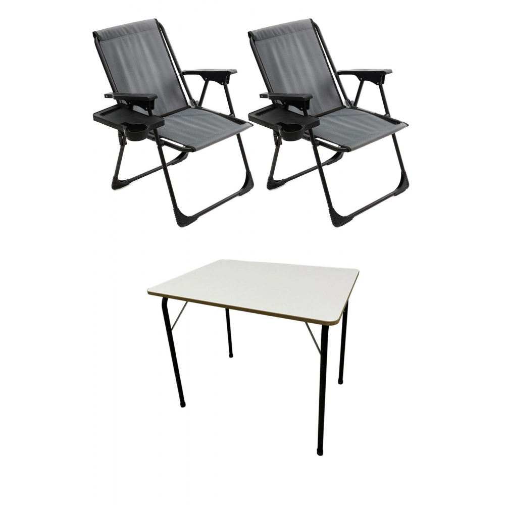 Natura 2 Adet Kamp Sandalyesi Katlanır Sandalye Dikdörtgen Bardaklıklı Gri Katlanır Mdf Masa