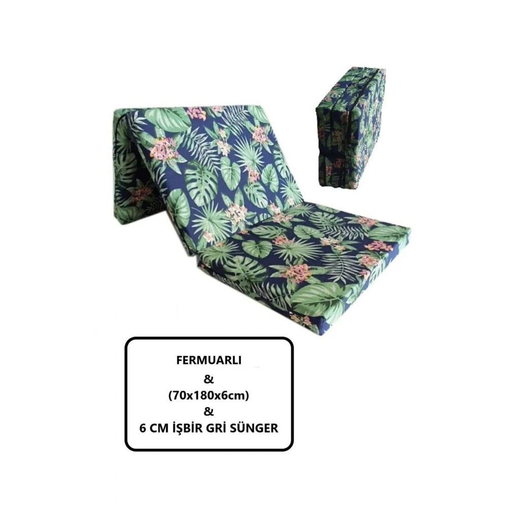 Katlanır Kamp Yatağı Çadır Yatağı 70x180 6 Cm Işbir Gri Kalın Sünger Yeşil Yaprak