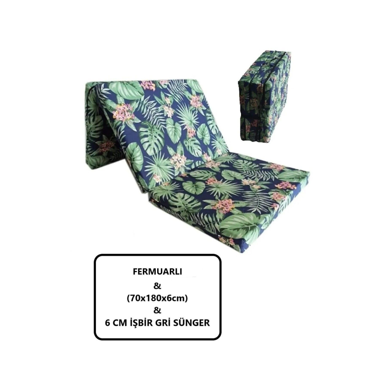 Katlanır Kamp Yatağı Çadır Yatağı 70x180 6 Cm Işbir Gri Kalın Sünger Yeşil Yaprak