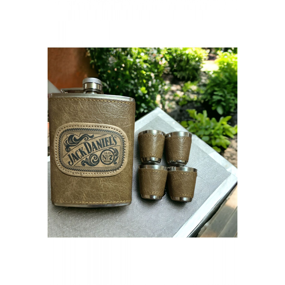 Çelik Kamp Matarası Yıldönümü Sevgiliye Hediye Deri Kaplamalı Shot Bardak Içki Viski Outdoor Ürünler