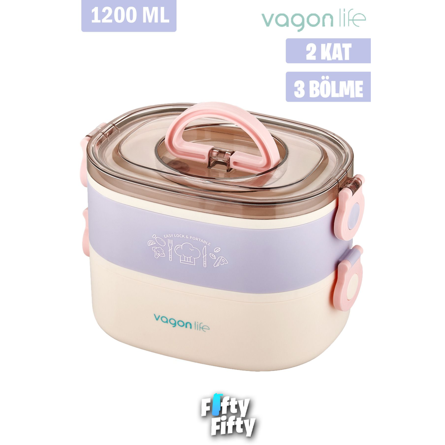 1200 ML İki Kat Üç Bölme Paslanmaz Çelik Bento Lunch Box Yeni Nesil Sefer Tası-ÇatallıKaşı