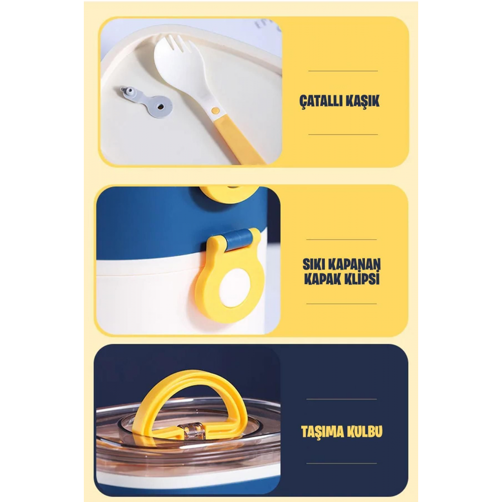 1200 ML İki Kat Üç Bölme Paslanmaz Çelik Bento Lunch Box Yeni Nesil Sefer Tası-ÇatallıKaşı