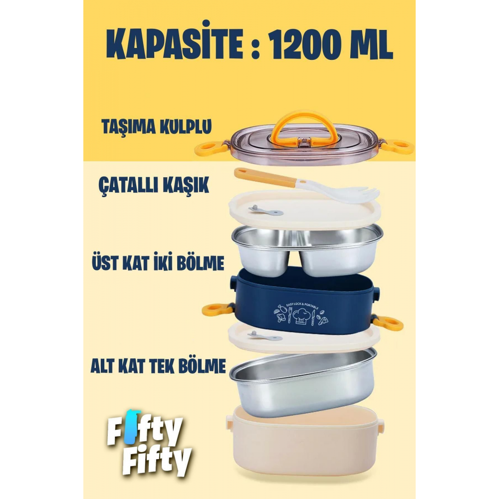 1200 ML İki Kat Üç Bölme Paslanmaz Çelik Bento Lunch Box Yeni Nesil Sefer Tası-ÇatallıKaşı