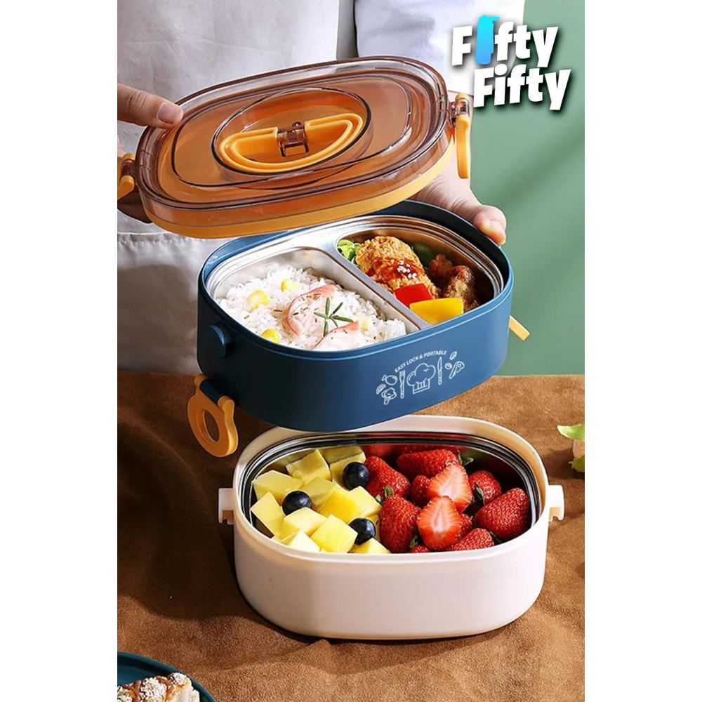 1200 ML İki Kat Üç Bölme Paslanmaz Çelik Bento Lunch Box Yeni Nesil Sefer Tası-ÇatallıKaşı