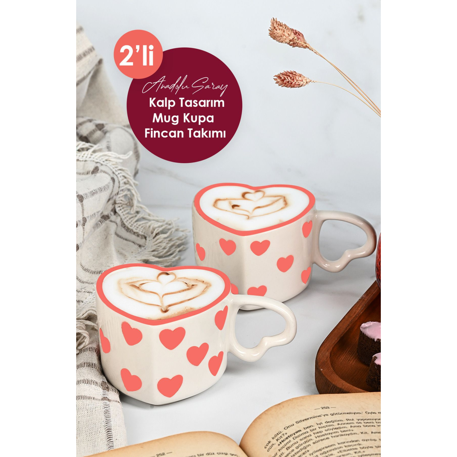 2'li El Yapımı Seramik Kalp Tasarım Mug Kupa Fincan Handmade El Yapımı Mug Fincan Kupa Kahve Kupası