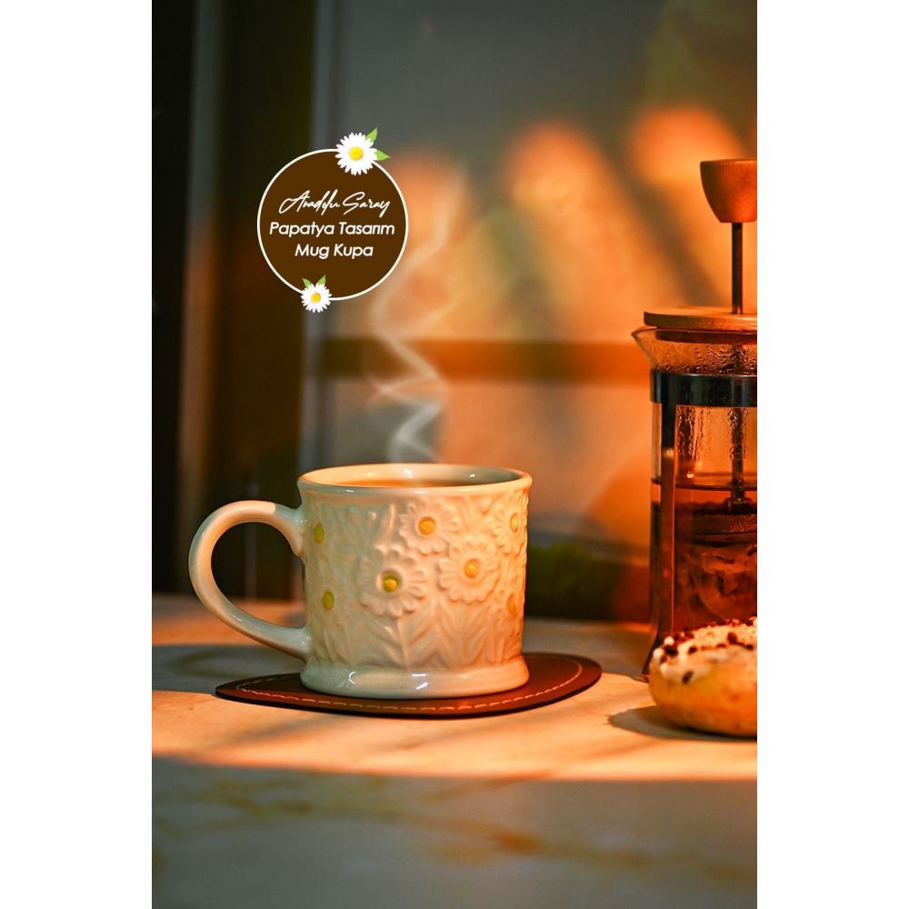 El Yapımı Seramik Kabartma Motifli Papatya Tasarım Mug Kupa Fincan |Handmade Mug Fincan Kahve Kupası