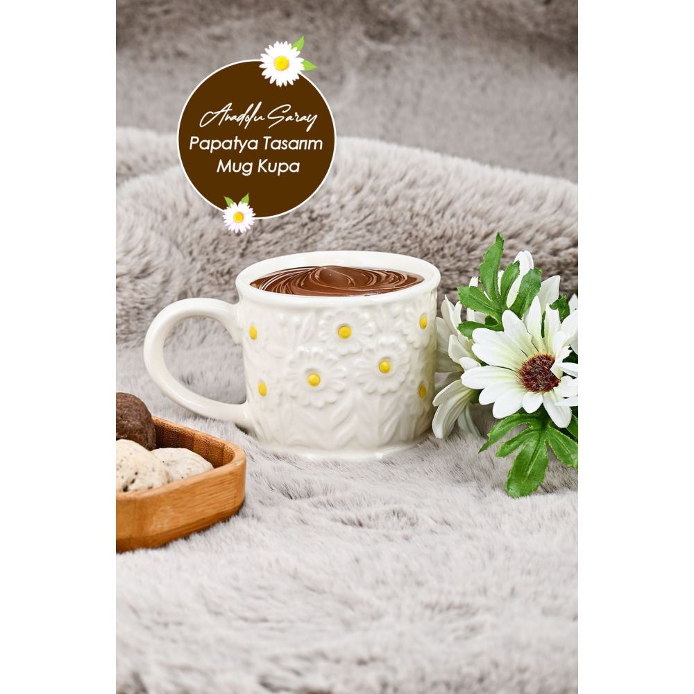 El Yapımı Seramik Kabartma Motifli Papatya Tasarım Mug Kupa Fincan |Handmade Mug Fincan Kahve Kupası