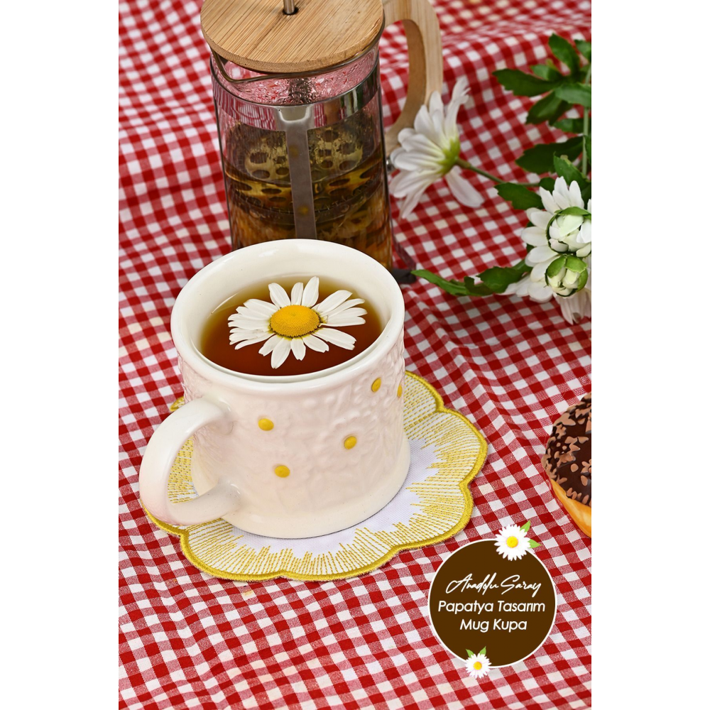 El Yapımı Seramik Kabartma Motifli Papatya Tasarım Mug Kupa Fincan |Handmade Mug Fincan Kahve Kupası