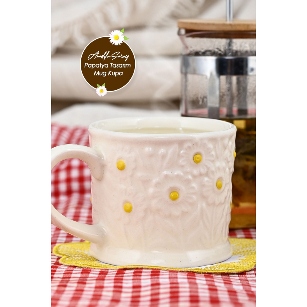 El Yapımı Seramik Kabartma Motifli Papatya Tasarım Mug Kupa Fincan |Handmade Mug Fincan Kahve Kupası