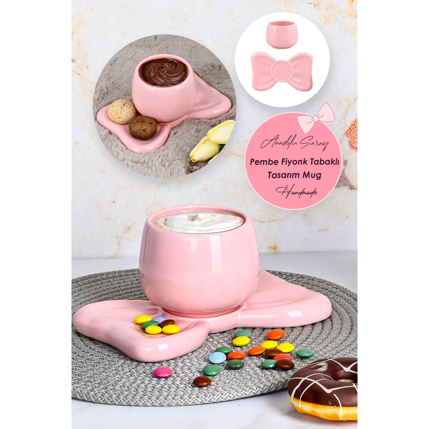 El Yapımı Seramik Pembe Fiyonk Tabaklı Tasarım Mug Kupa Fincan | Handmade Mug Fincan Kahve Kupası