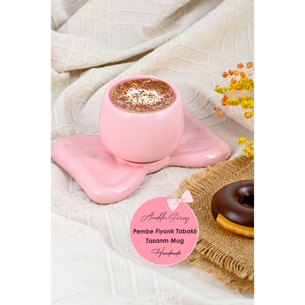 El Yapımı Seramik Pembe Fiyonk Tabaklı Tasarım Mug Kupa Fincan | Handmade Mug Fincan Kahve Kupası