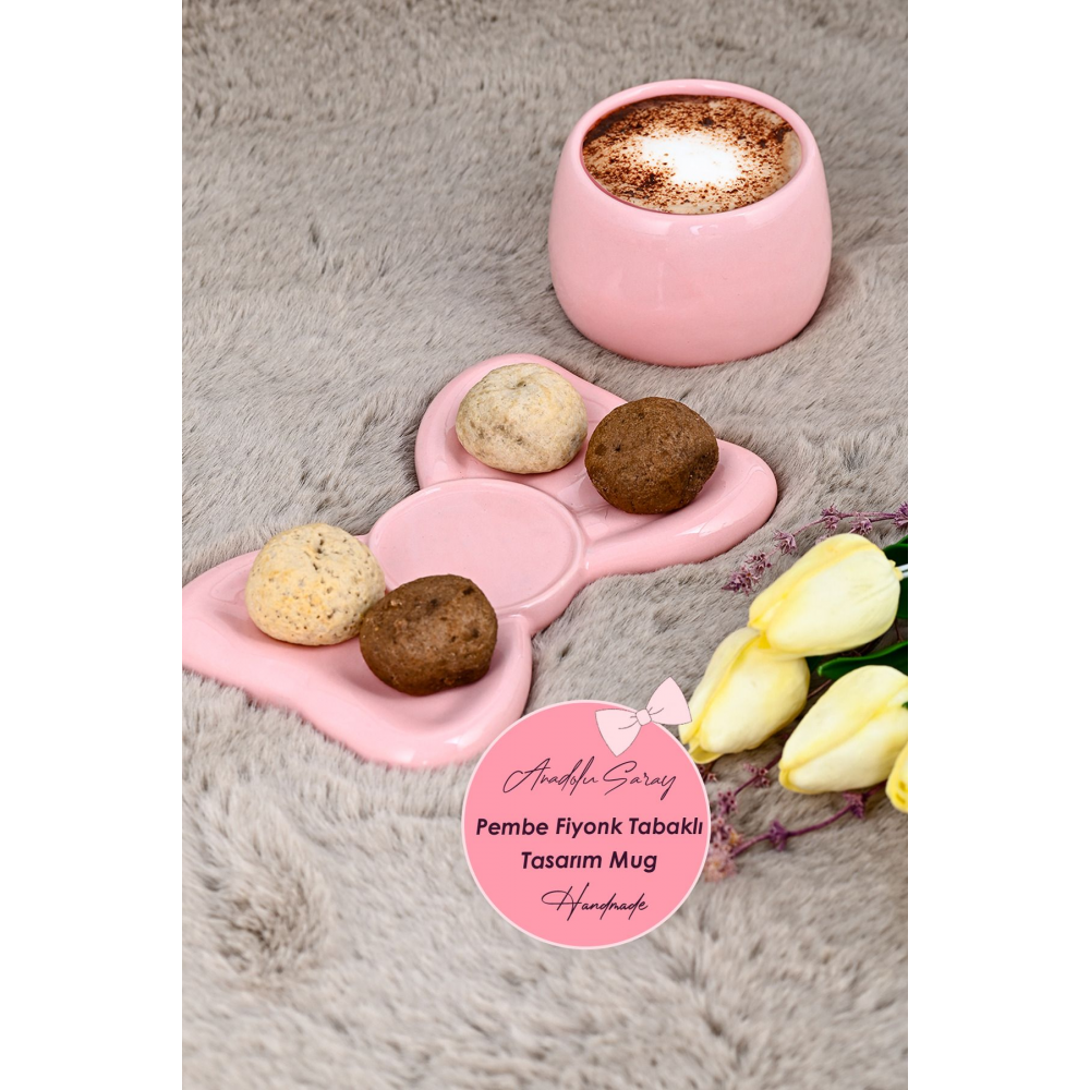 El Yapımı Seramik Pembe Fiyonk Tabaklı Tasarım Mug Kupa Fincan | Handmade Mug Fincan Kahve Kupası