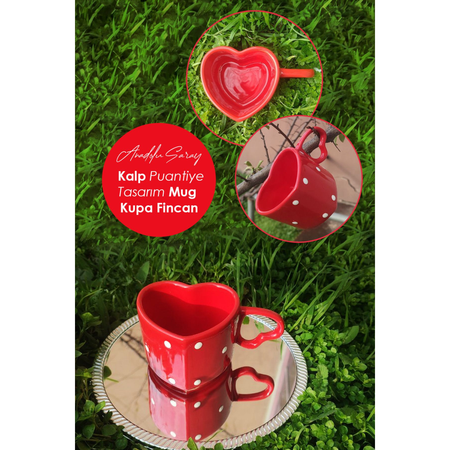 El Yapımı Seramik Puantiyeli Kalp Tasarım Mug Kupa Fincan Handmade Mug Fincan Kupa Kahve Kupası