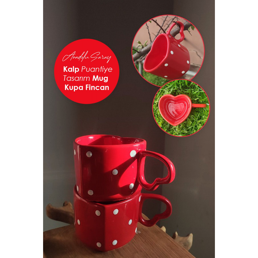 El Yapımı Seramik Puantiyeli Kalp Tasarım Mug Kupa Fincan Handmade Mug Fincan Kupa Kahve Kupası