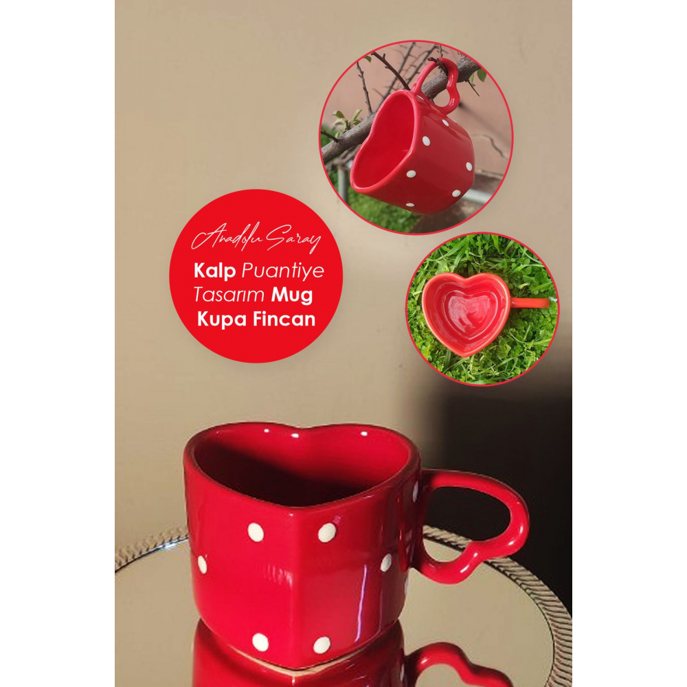 El Yapımı Seramik Puantiyeli Kalp Tasarım Mug Kupa Fincan Handmade Mug Fincan Kupa Kahve Kupası