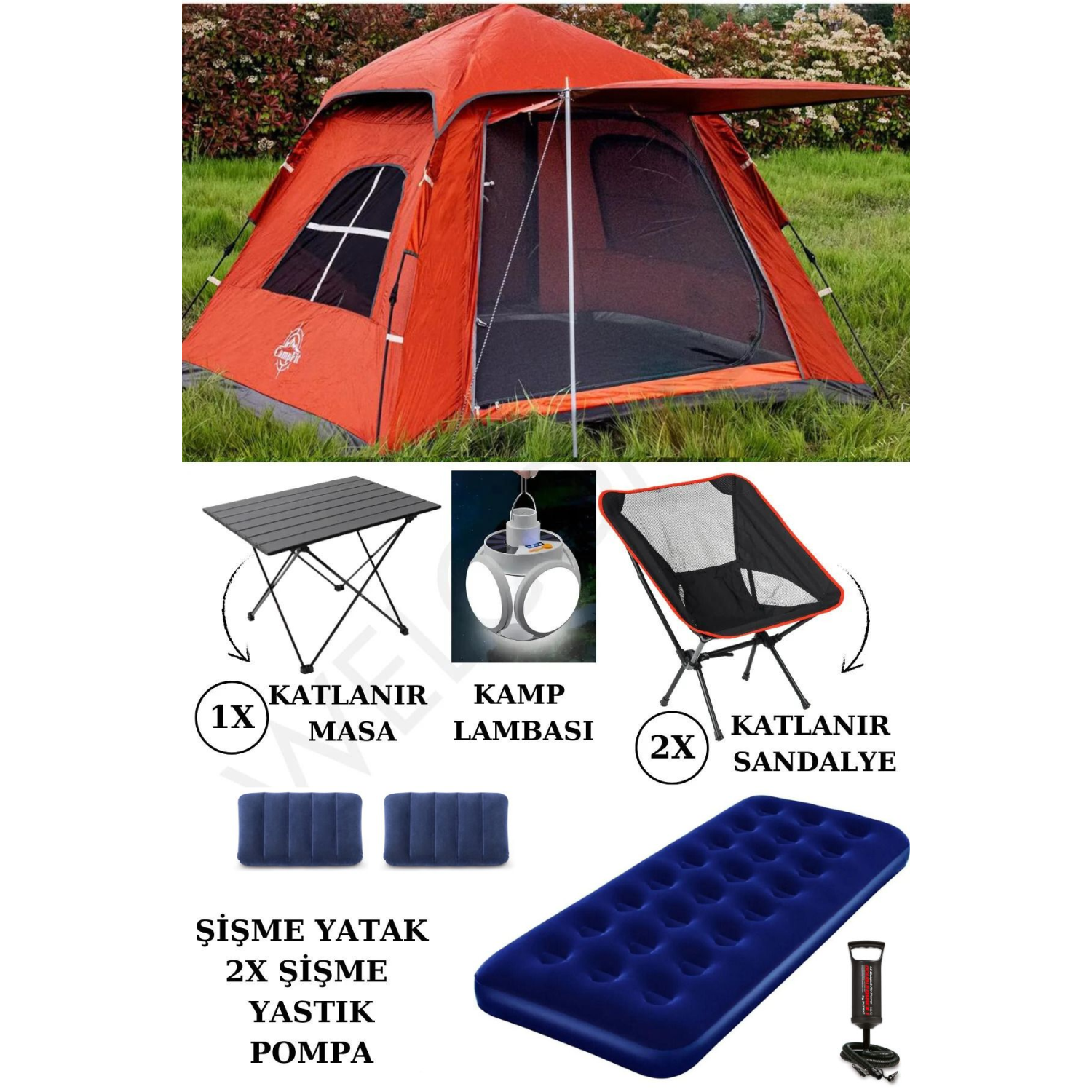 4 Kişilik Çadır 2 adet Katlanır-Şişme-Yatak,Sandalye ve Masa,2 Adet şişme Yastık ve Lamba Kamp Set