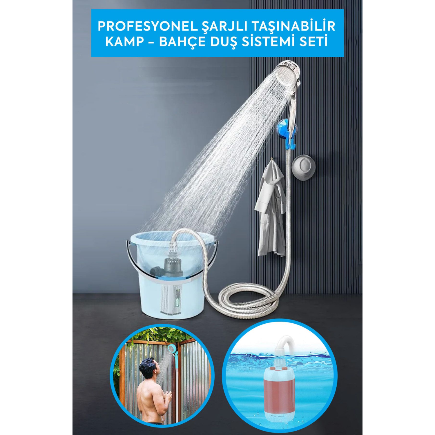 PROFESYONEL ŞARJLI TAŞINABİLİR KAMP - BAHÇE - OUTDOOR DUŞ SİSTEMİ SETİ