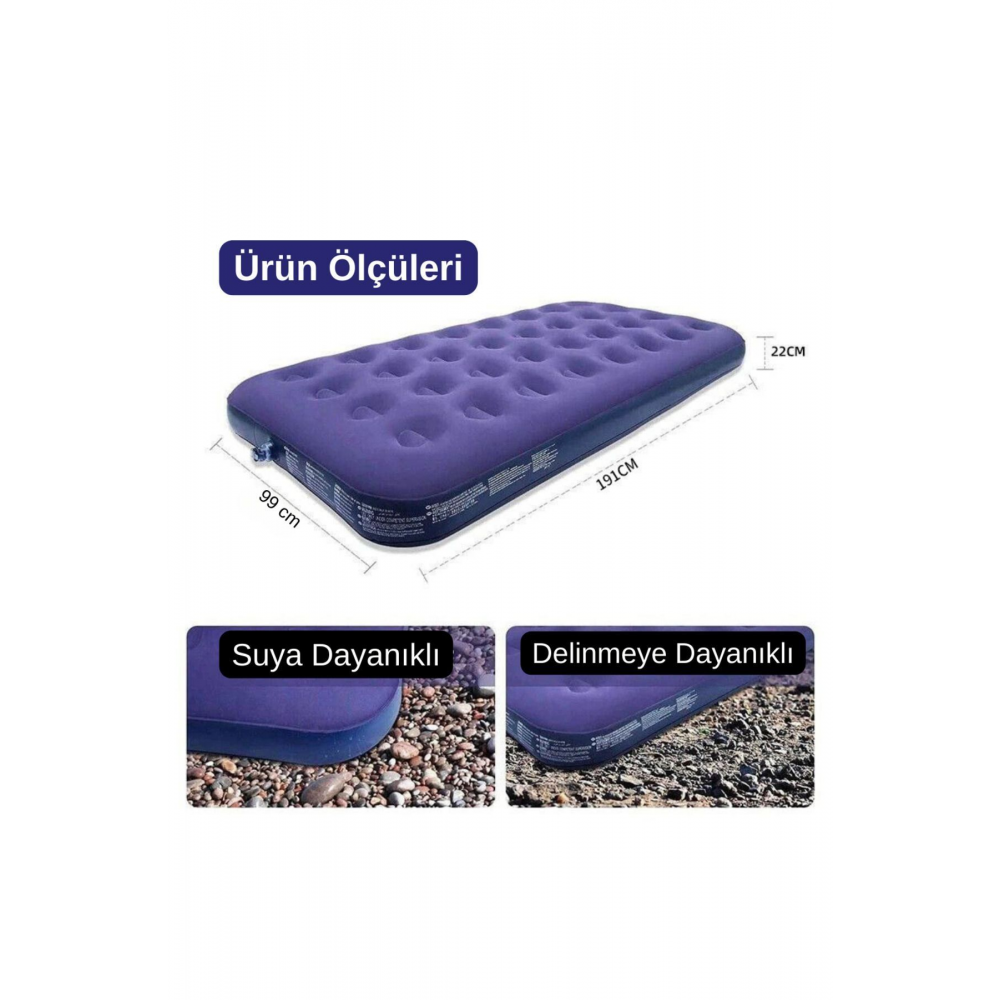 Unisex Lacivert Büyük Boy Tek Kişilik Şişme Yatak (191cm X 99cm X 22 cm)