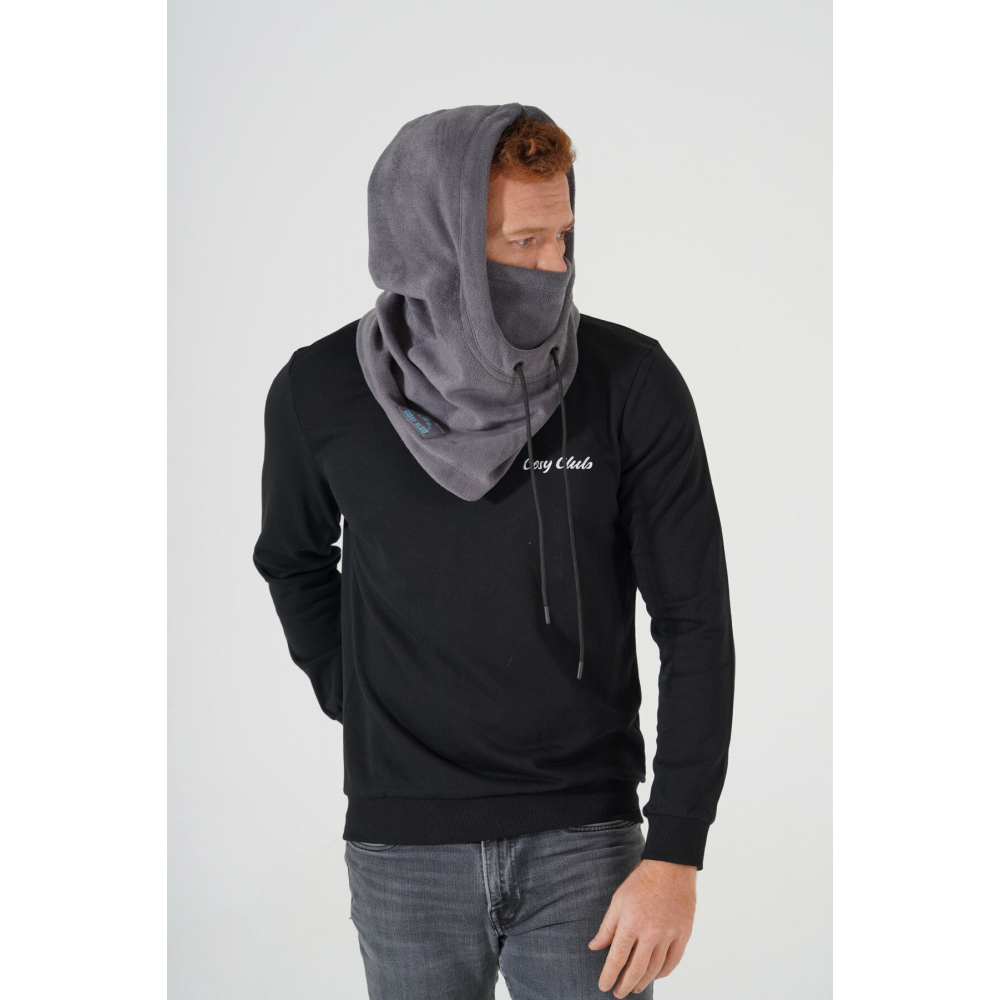 Erkek Koyu Gri Kışlık Polar Rüzgar Geçirmez Sıcak Tutan Şapka Atkı Boyunluk Kar Maskesi