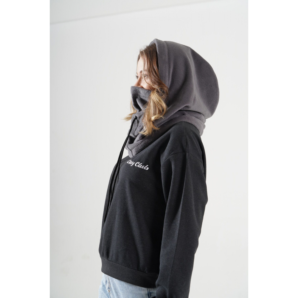 Kadın Koyu Gri Polar Rüzgar Geçirmez Kar Maskesi Balaklava Şapka Atkı Boyunluk Kar Maskesi