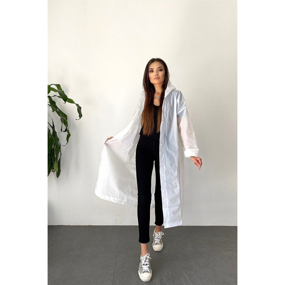 Kadın Erkek Yağmurluk Kapüşonlu Çıtçıtlı Eva Beyaz Yağmurluk Cdrc881r02