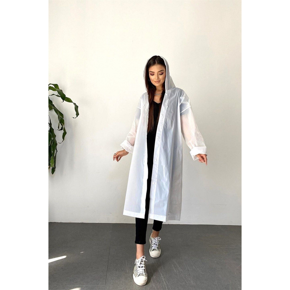 Kadın Erkek Yağmurluk Kapüşonlu Çıtçıtlı Eva Beyaz Yağmurluk Cdrc881r02