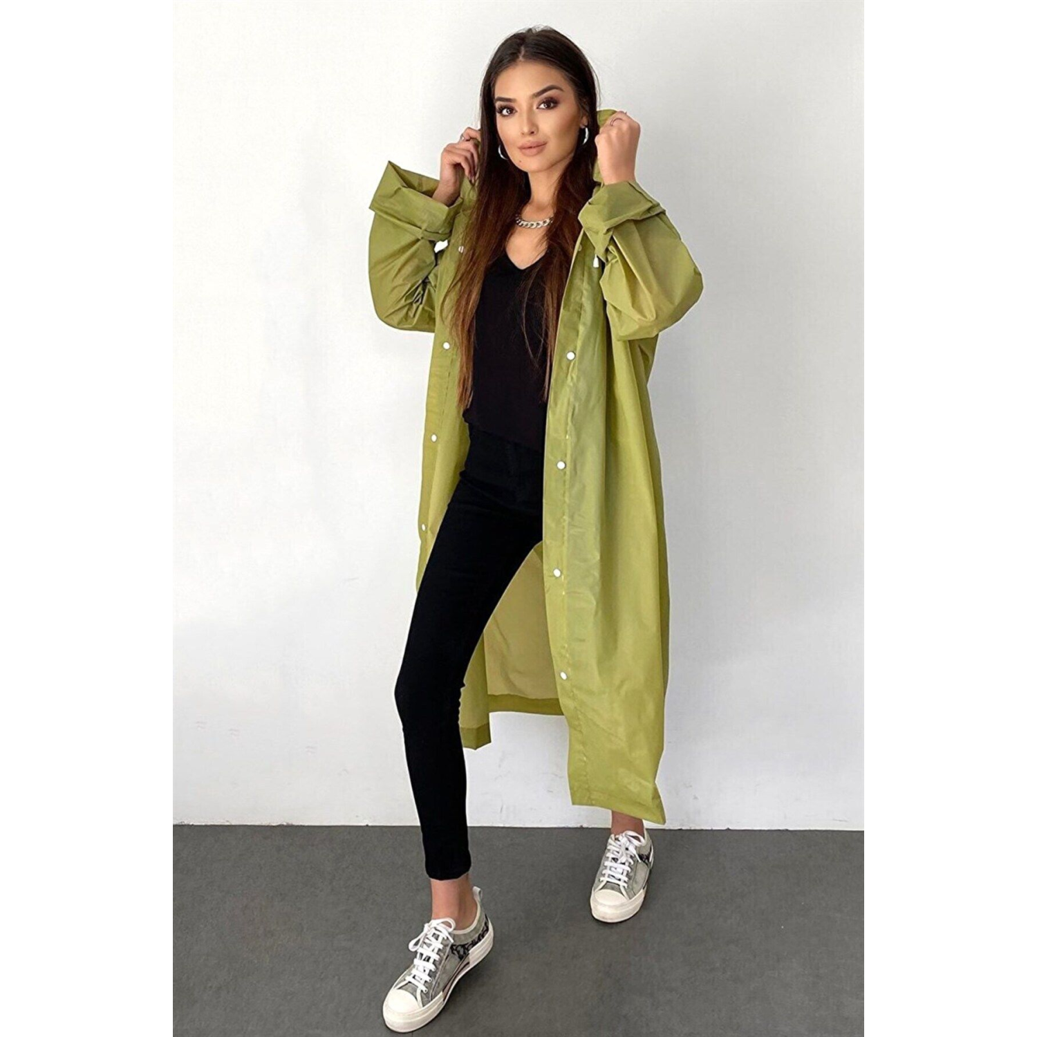 Kadın Erkek Yağmurluk Kapüşonlu Çıtçıtlı Eva Haki Yağmurluk Cdrc881r06