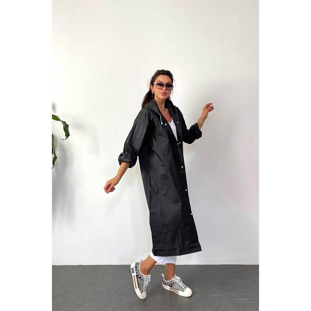 Kadın Erkek Yağmurluk Kapüşonlu Çıtçıtlı Eva Siyah Yağmurluk Cdrc881r03