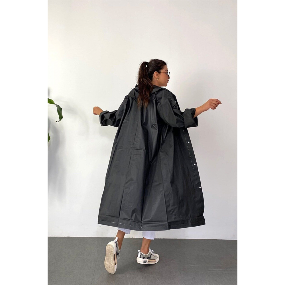 Kadın Erkek Yağmurluk Kapüşonlu Çıtçıtlı Eva Siyah Yağmurluk Cdrc881r03