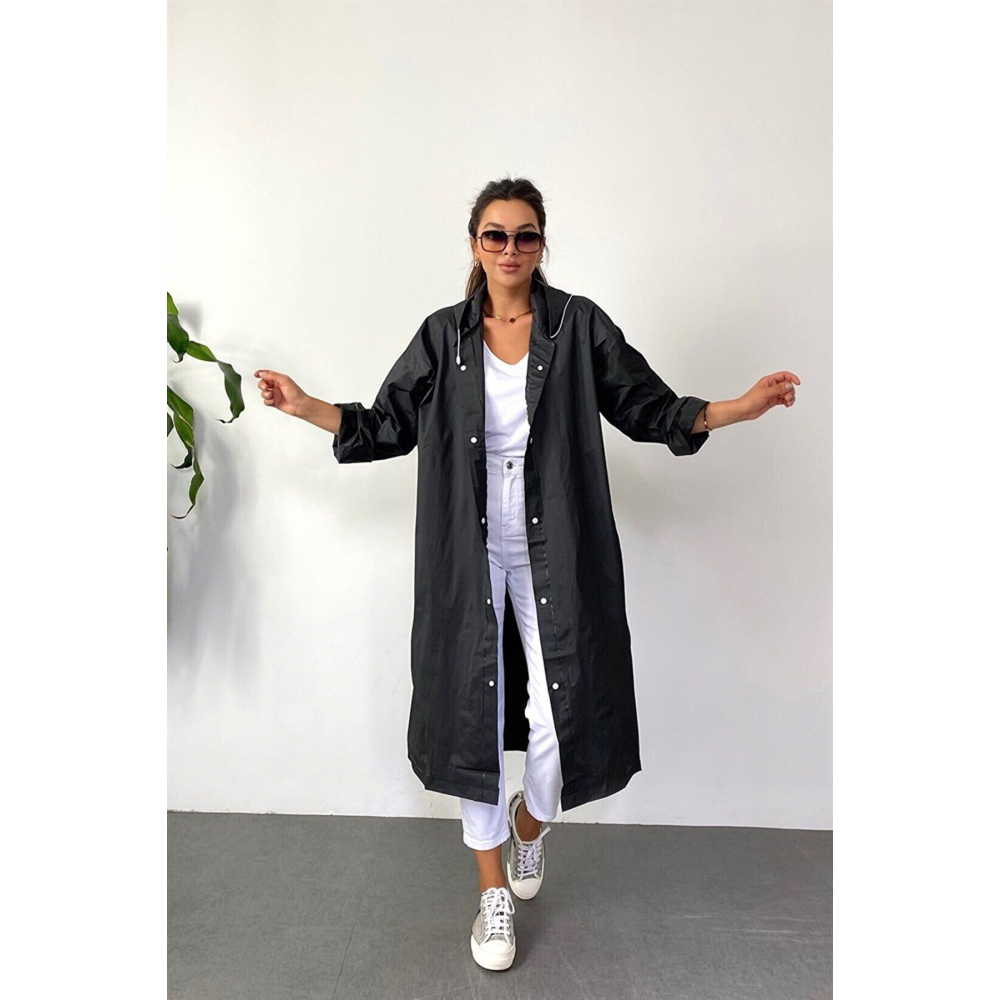 Kadın Erkek Yağmurluk Kapüşonlu Çıtçıtlı Eva Siyah Yağmurluk Cdrc881r03