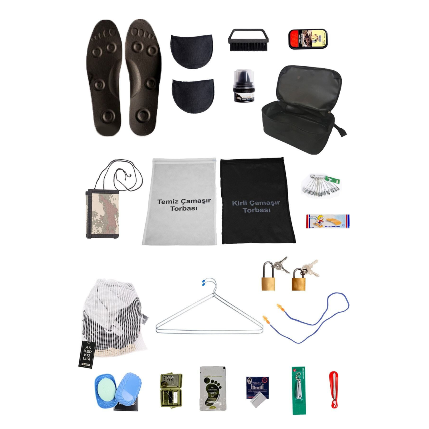 21 Parça Asker Malzeme Seti - Asker Cüzdanı Tabanlık Bot Boyası Kilit - Bedelli Askerlik Malzemeleri
