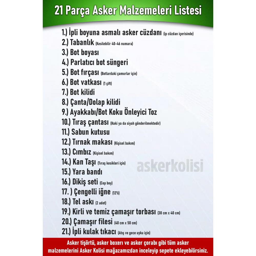21 Parça Asker Malzeme Seti - Asker Cüzdanı Tabanlık Bot Boyası Kilit - Bedelli Askerlik Malzemeleri