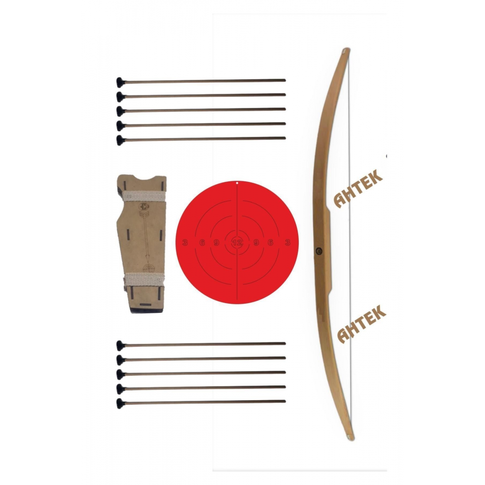 Doğal Ahşap Ok Yay Seti, Yay + 10 Adet Ok + Sadak + Hedef