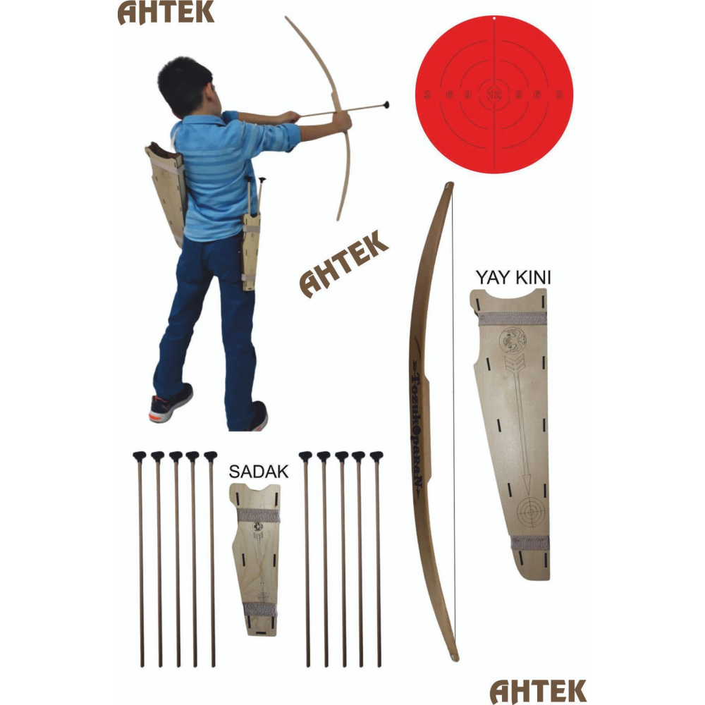 Doğal Ahşap Ok Yay Seti, Yay + 10 Adet Ok + Yay Kını + Sadak + Hedef