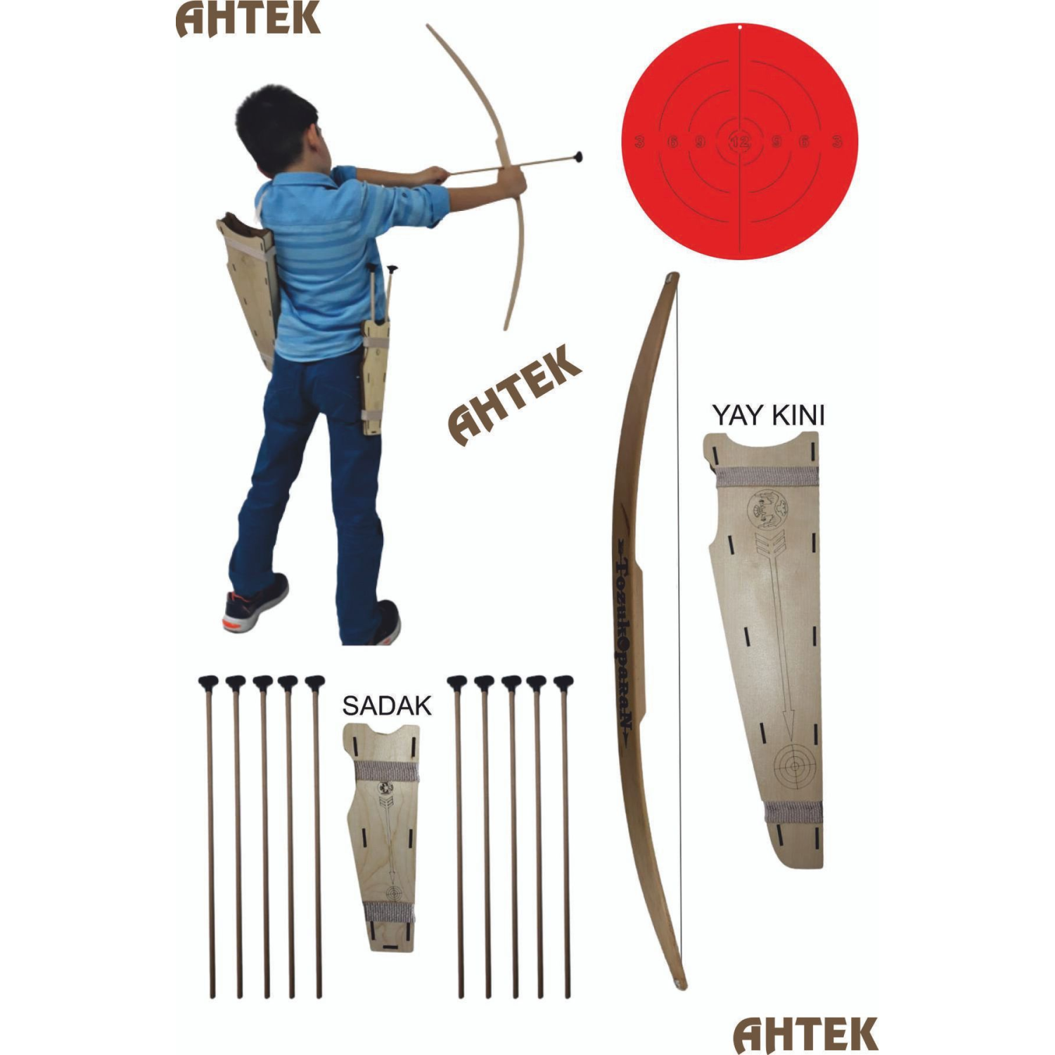 Doğal Ahşap Ok Yay Seti, Yay + 10 Adet Ok + Yay Kını + Sadak + Hedef