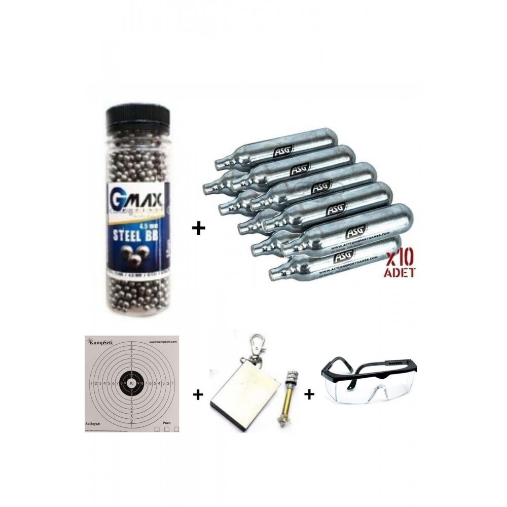 1500'lü Çelik Bilye 4,5 Mm Co2 Tüp 10 Adet 10 Adet Hedef Kağıdı 1 Adet Gözlük 1 Adet Çakmaktaş