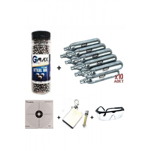 1500'lü Çelik Bilye 4,5 Mm Co2 Tüp 10 Adet 10 Adet Hedef Kağıdı 1 Adet Gözlük 1 Adet Çakmaktaş