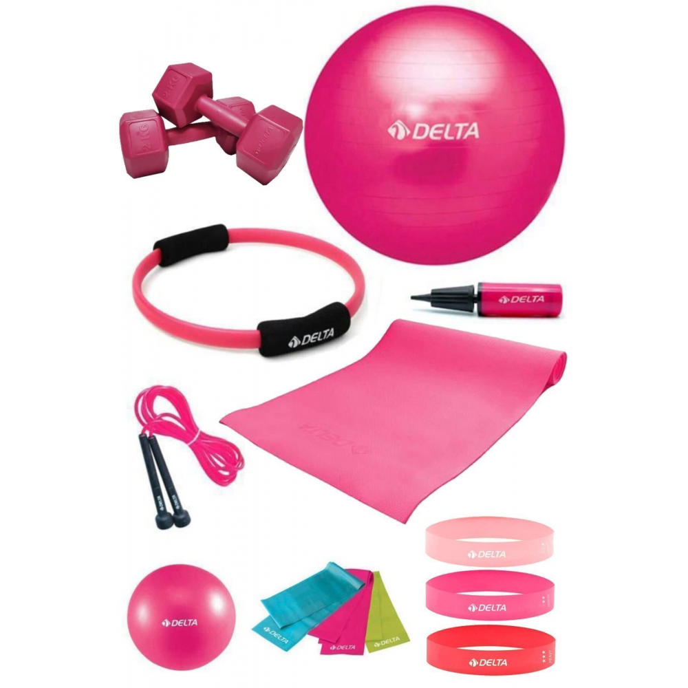 14 Parça Pilates Seti 55 cm Topu 4 Mm Minderi Çemberi 6 Direnç & Squat Bandı 1 Kg Dambıl Atlama İpi