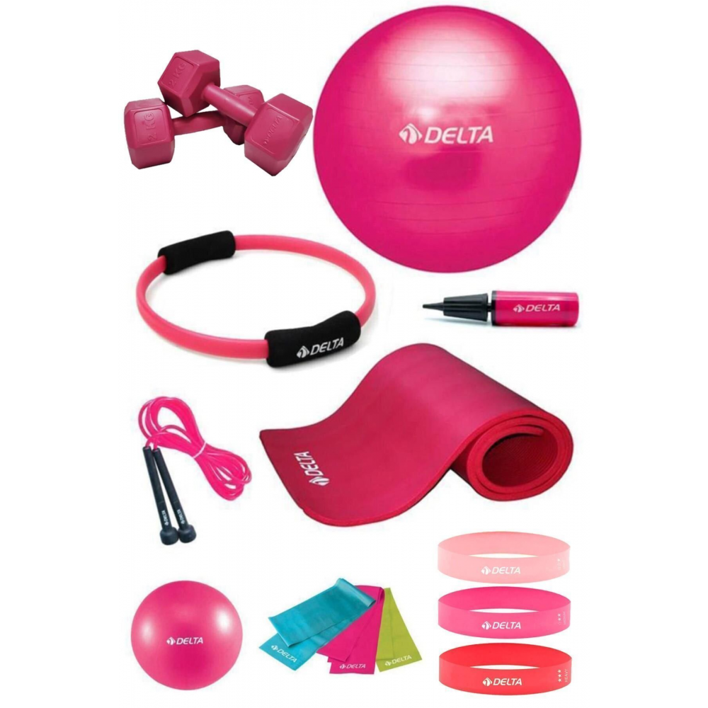 14 Parça Pilates Seti 65 cm Topu 10 Mm Minderi Çemberi 6 Direnç & Squat Bandı 1 Kg Dambıl Atlama İpi