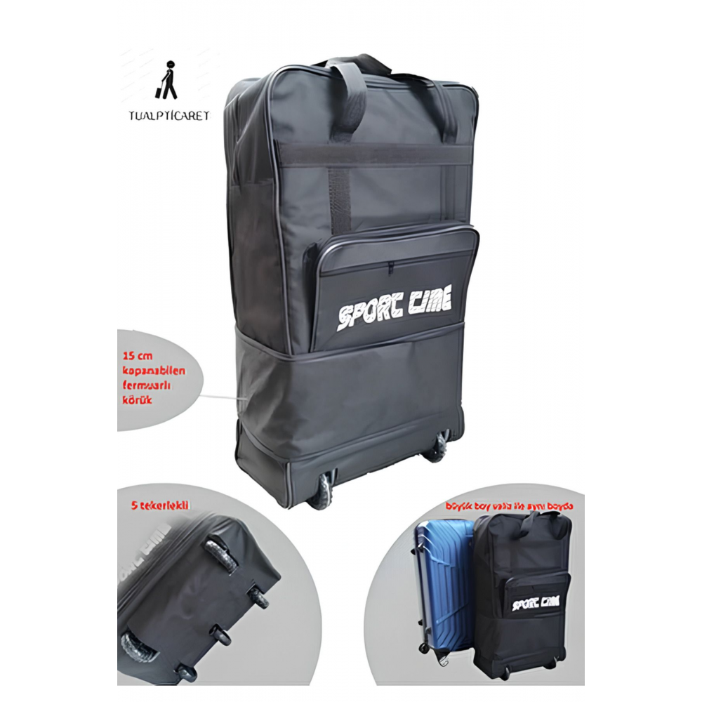 siyah Genişleyebilir Seyahat Çantası Hurç 5 Tekerlekli Bez Büyük Boy Valiz Körüklü 75x45x25cm