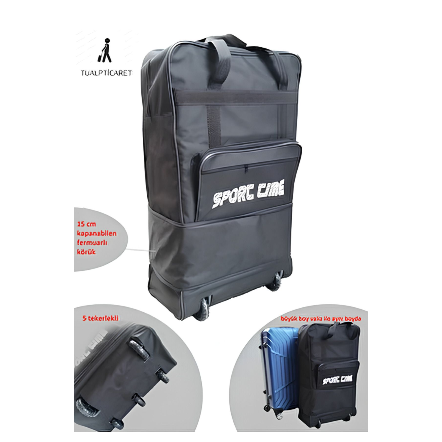 siyah Genişleyebilir Seyahat Çantası Hurç 5 Tekerlekli Bez Büyük Boy Valiz Körüklü 75x45x25cm