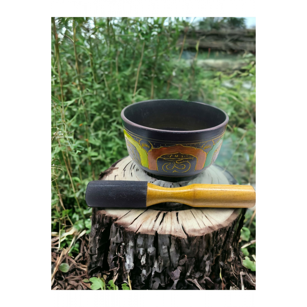 Renk Işlemeli Tibet Kase Meditasyon Çanı Tokmaklı 16cm